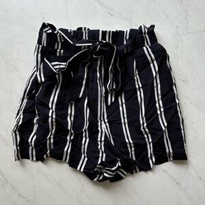 Navy / White Striped Paperbag Shorts with Button and Tie